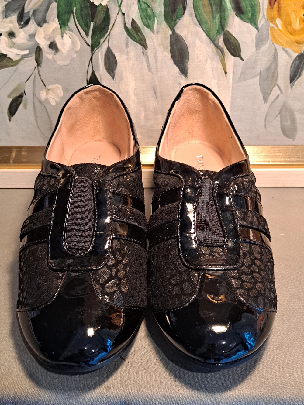 Taryn Rose Traveler Paislee Black Patent Textured Animal Print Slip-On Wedges
